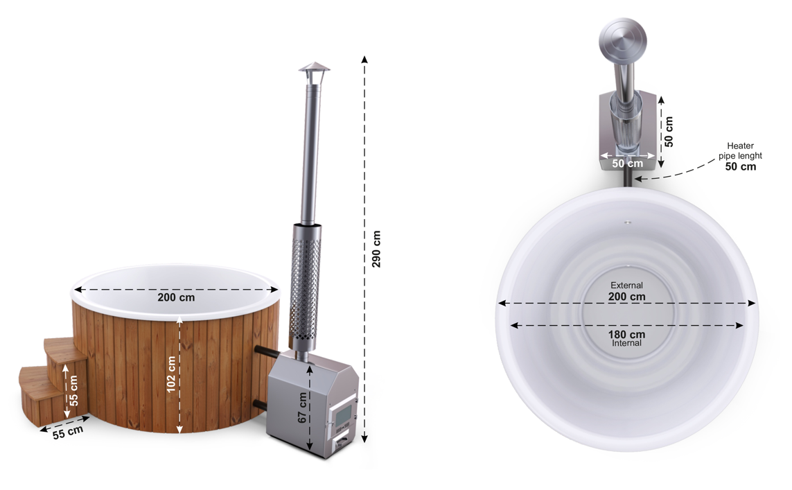 Glasfiber badtunna med extern värmare 180cm mått